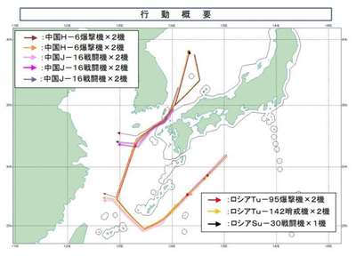 日本防衛省統合幕僚監部(類似國防部參謀本部)27日表示，中國與俄羅斯的轟炸機在日本周邊共同飛行。 (圖:X@jointstaffpa)