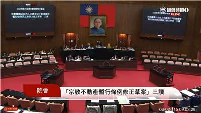 立法院2日三讀修正通過「宗教團體以自然人名義登記不動產處理暫行條例」第5條，通過申請期限由4年延長為6年。(翻攝國會頻道)