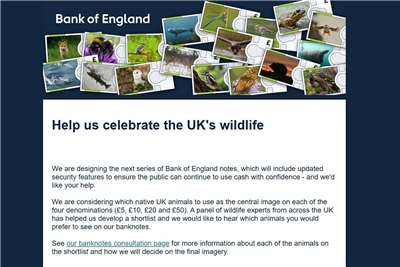 英國新一版紙鈔設計考慮採用狐狸、鯊魚和海鸚等野生動物圖案，取代現有紙鈔上的歷史人物。 (圖:翻拍自英格蘭銀行)