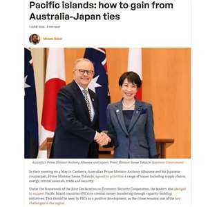 太平洋論壇研究員薩凱以「太平洋島國因為澳、日加強關係而受惠」為題撰文指出，隨著澳洲及日本的經濟和安全夥伴關係日益緊密，預料太平洋島國普遍受惠。（翻攝devpolicy.org）