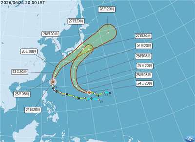 根據中央氣象署觀測，颱風米克拉24日20時的中心位置在北緯 22.1 度，東經 124.7 度，以每小時17公里速度，向北北東進行。(圖：氣象署)