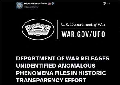 美國戰爭部8日公布首批不明飛行物(UFO)通報目擊檔案。 (圖:X@DeptofWar)