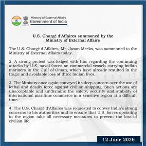 印度外交部表示，已召見美國駐新德里副使節米克斯(Jason Meeks)，就「美國海軍持續攻擊載有印度海員的商業船舶」提出「強烈抗議」。 (圖:取自FB/MEAINDIA)