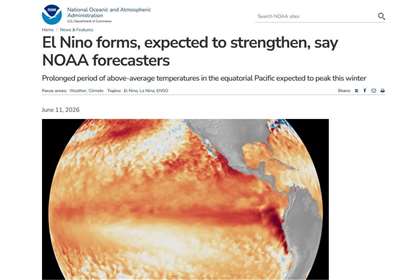 美國國家海洋暨大氣總署(NOAA)11日表示，聖嬰現象(El Nino)已經形成，預料將持續增強至今年底。(圖:翻拍自NOAA官網)