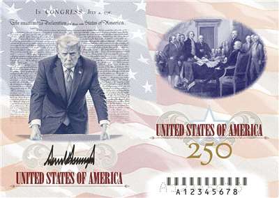 美國總統川普26日公布慶祝獨立250週年的限量版護照設計圖。(Truthsocial/@realDonaldTrump)