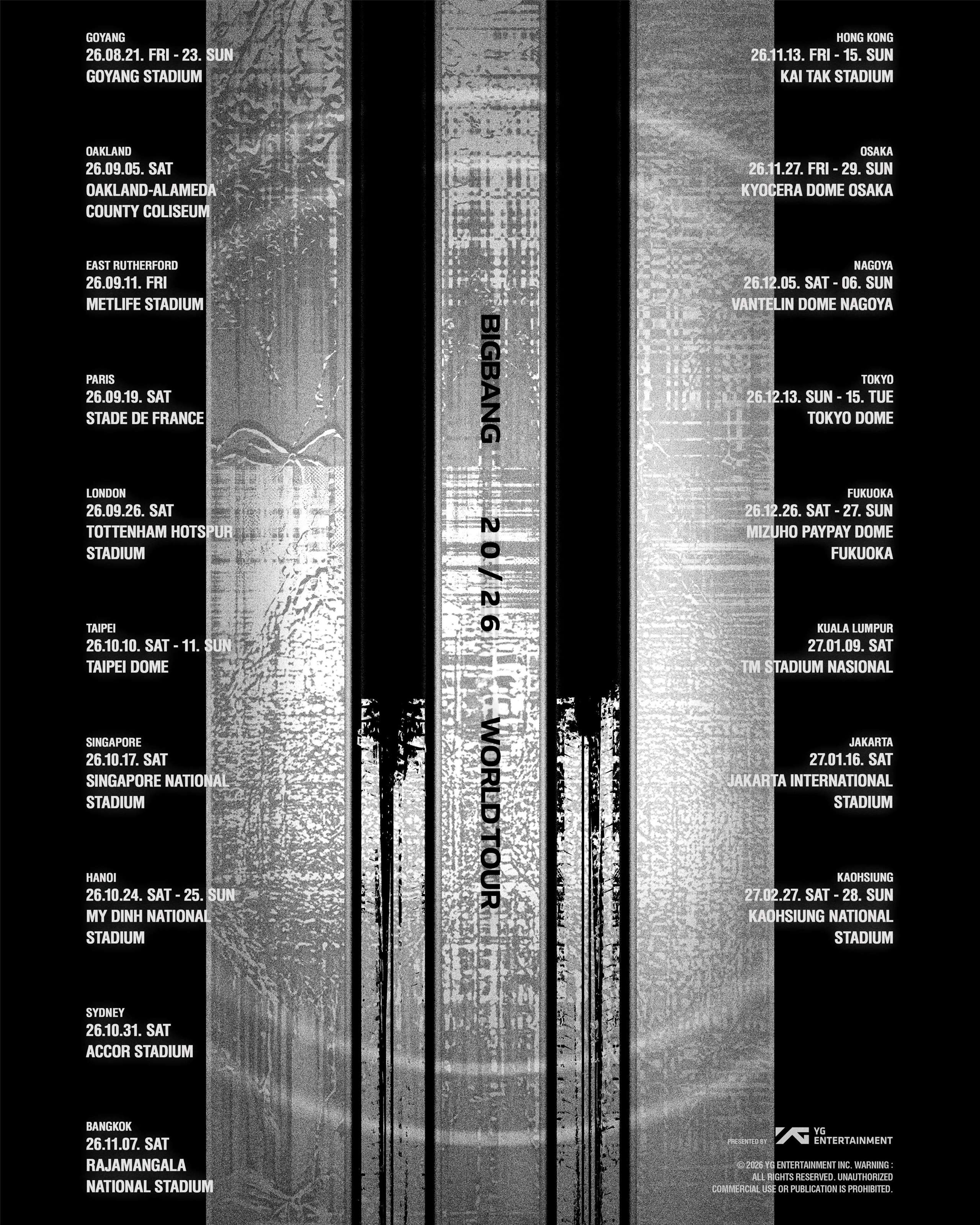 韓國男團BIGBANG新巡迴演唱會將於8月21日開跑，10月10日、11日登上台北大巨蛋，台北大巨蛋場門票將於8月20日全面開賣，票價從新台幣2980元至9430元。(IG@bigbang_2xx6)
