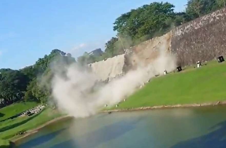 日本熊本發生規模7地震，使得才剛修復的熊本城城牆瞬間崩塌。(X平台/@sirokumadio)
