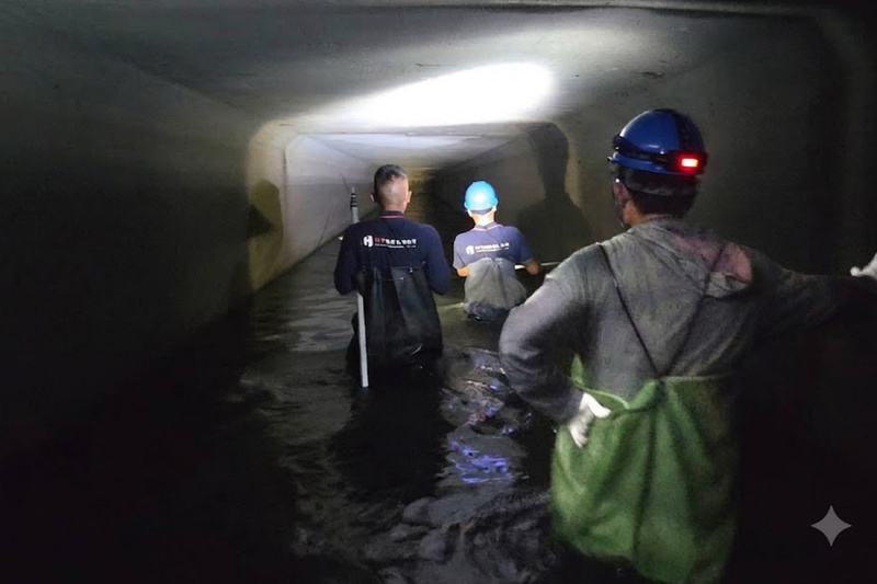 隨著颱風巴威逐步接近，為確保地方排水系統暢通，台南市政府近日針對易淹水地區下水道進行巡檢，盼在颱風巴威可能造成影響前全面排除障礙。（台南市政府提供）