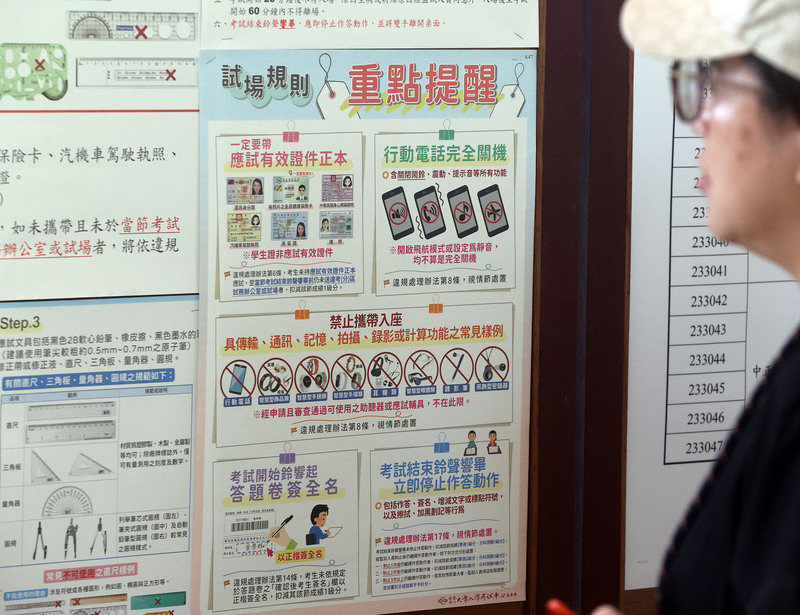 115學年度分科測驗於13日、14日舉行，大考中心提醒，考生不得將具傳輸、通訊、記憶、拍攝、錄影或計算功能的物品，如行動電話、穿戴式裝置、計算機、電子辭典、多媒體播放器材等攜帶入座。