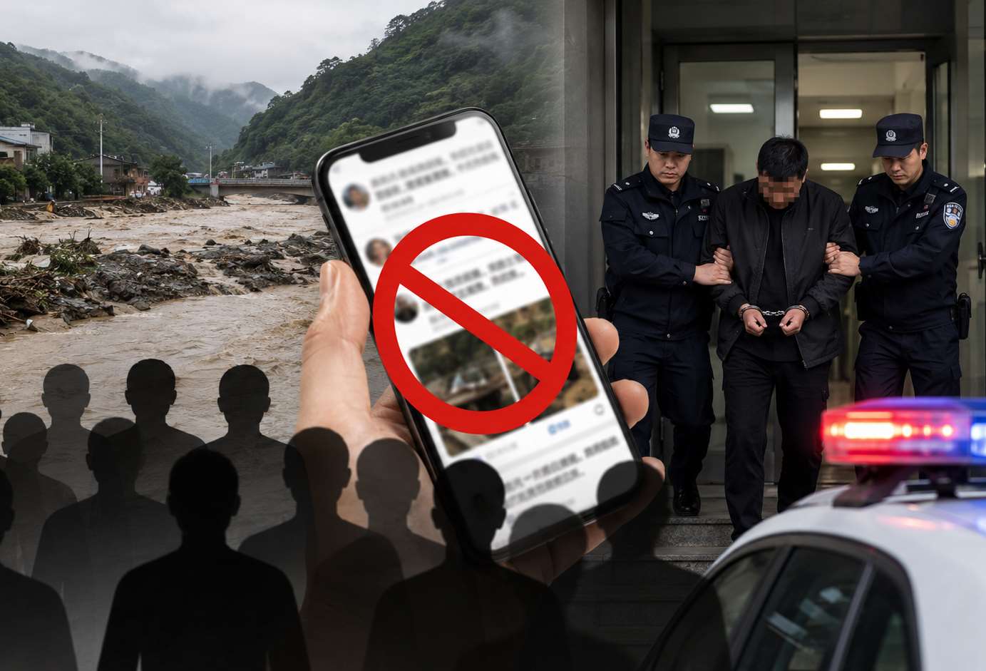中國公安部13日一舉公布25起涉及災情的「網路謠言違法犯罪」案例，共27人被指涉案。這27人的社群媒體帳號不但被封禁，其中4人更遭刑事拘留，剩餘23人也被行政處罰。(示意圖/AI生成)