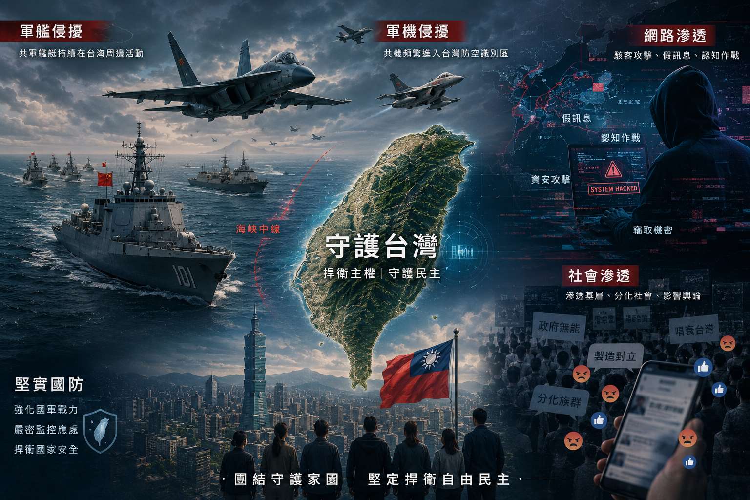 國安學者認為，中共透過軍事恫嚇，輔以對臺統戰、認知作戰、組織滲透、經濟利誘與法律恫嚇所形成的無形戰線，並以長臂管轄製造寒蟬效應，其目的在削弱國家認同、民主信念與防衛意志。圖片由AI生成