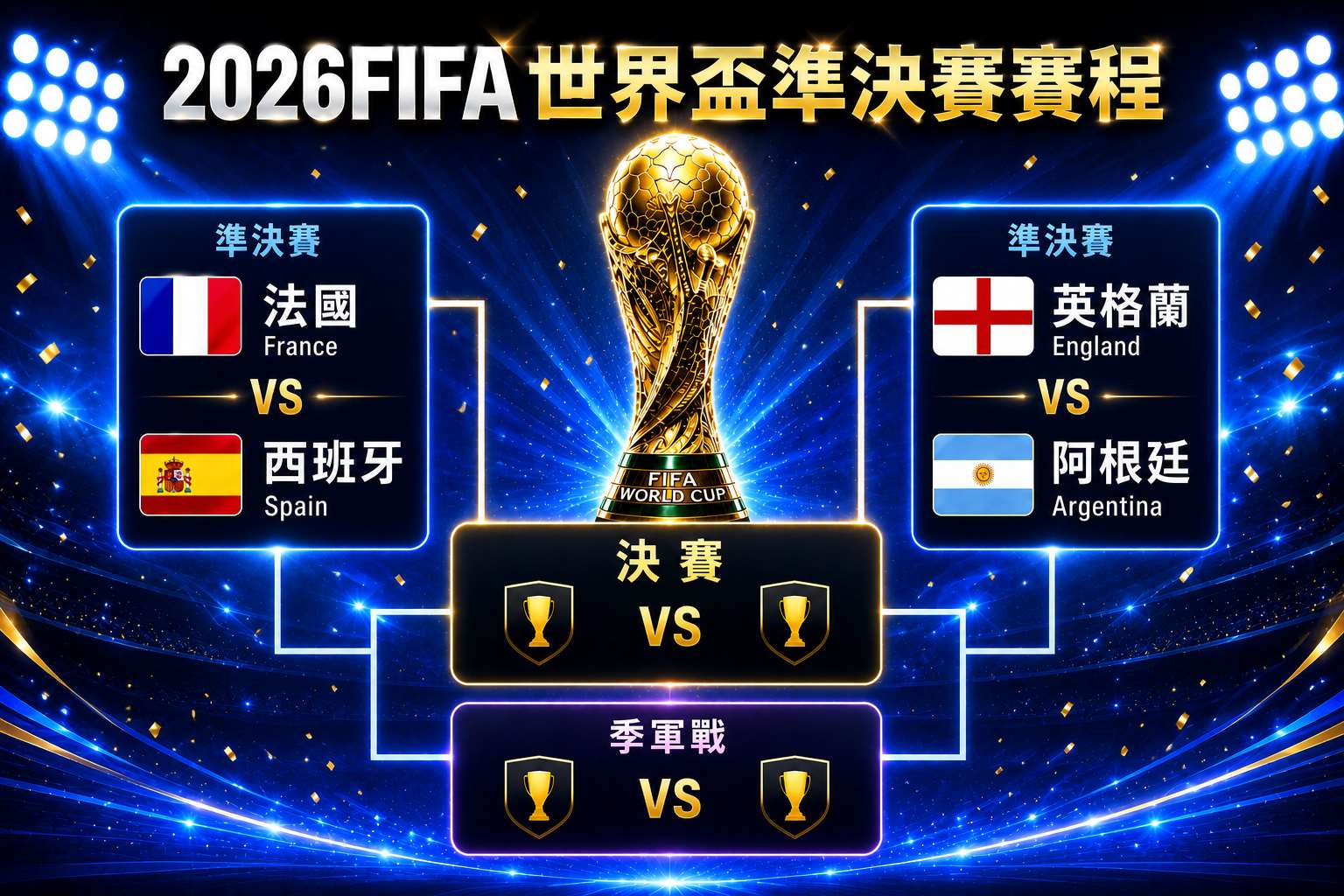 2026世界盃四強出爐，這也是史上第一次國際足總(FIFA)世界排名前4名的球隊，全都闖進到世界盃4強。圖為2026世界盃四強準決賽賽程。(AI生成/央廣製作)