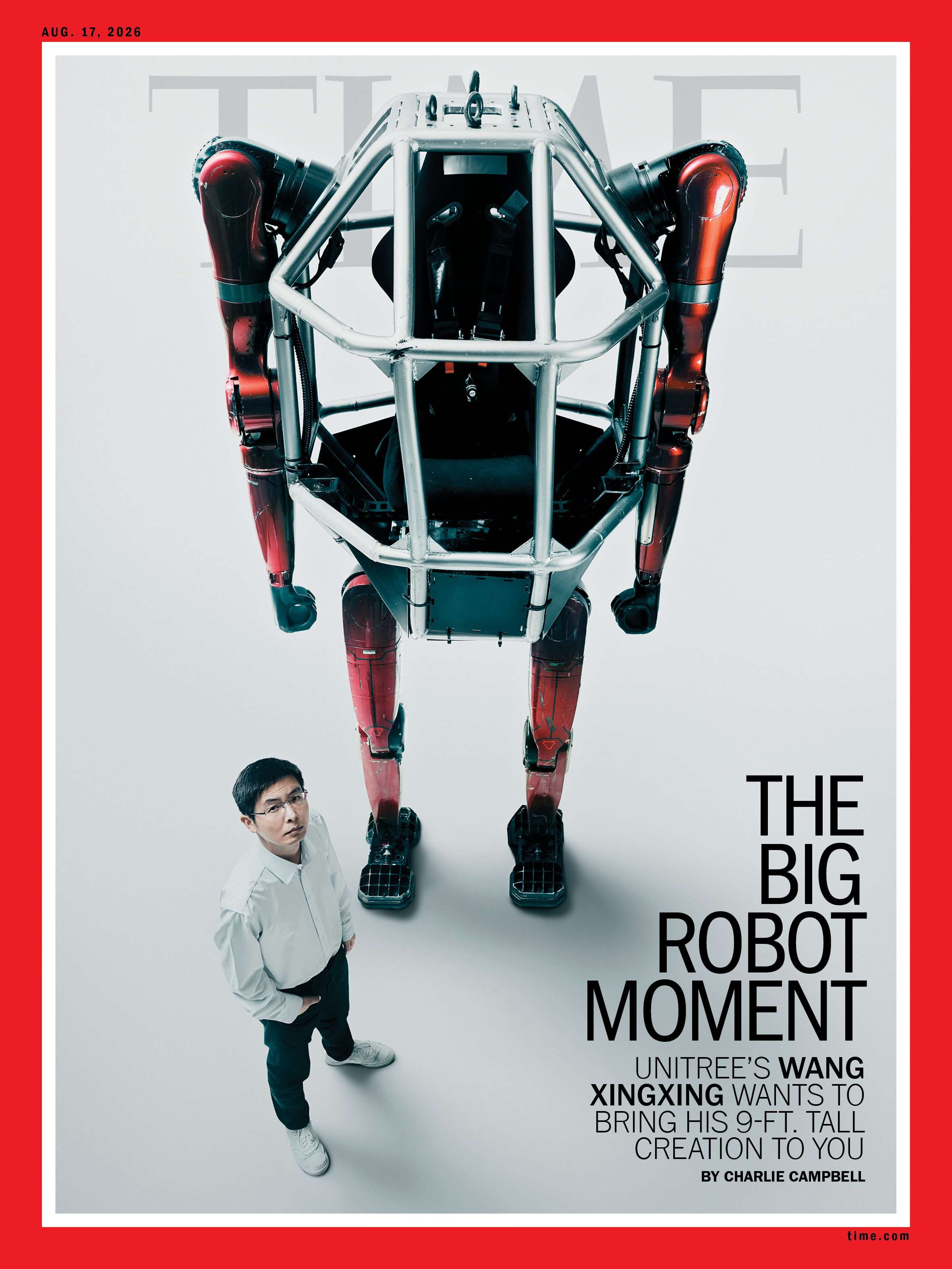 宇樹王興興攜載人變形機甲，登時代雜誌封面。 (圖:X@TIME)