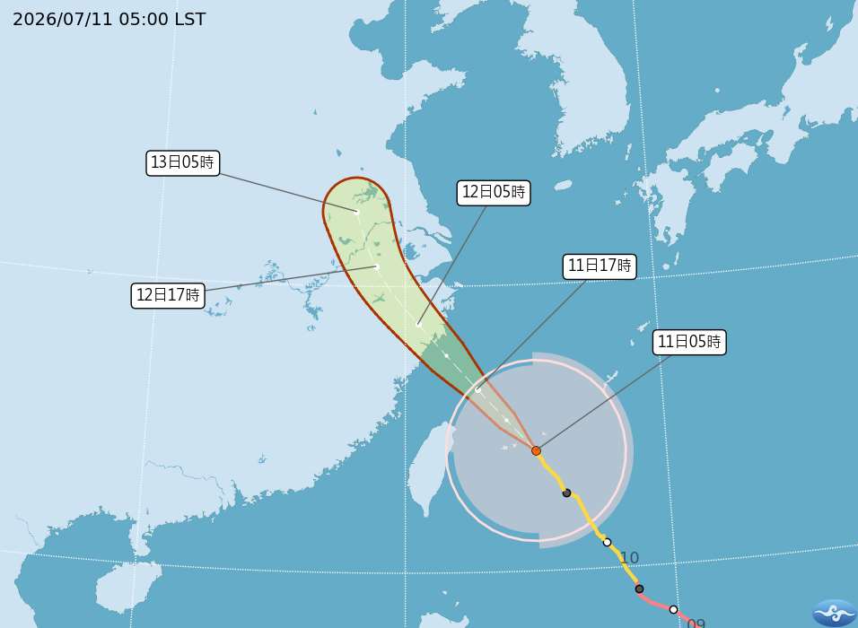 颱風巴威暴風圈已進入台灣，中央氣象署表示，11日下午至傍晚巴威距離台灣最近。(圖：氣象署)