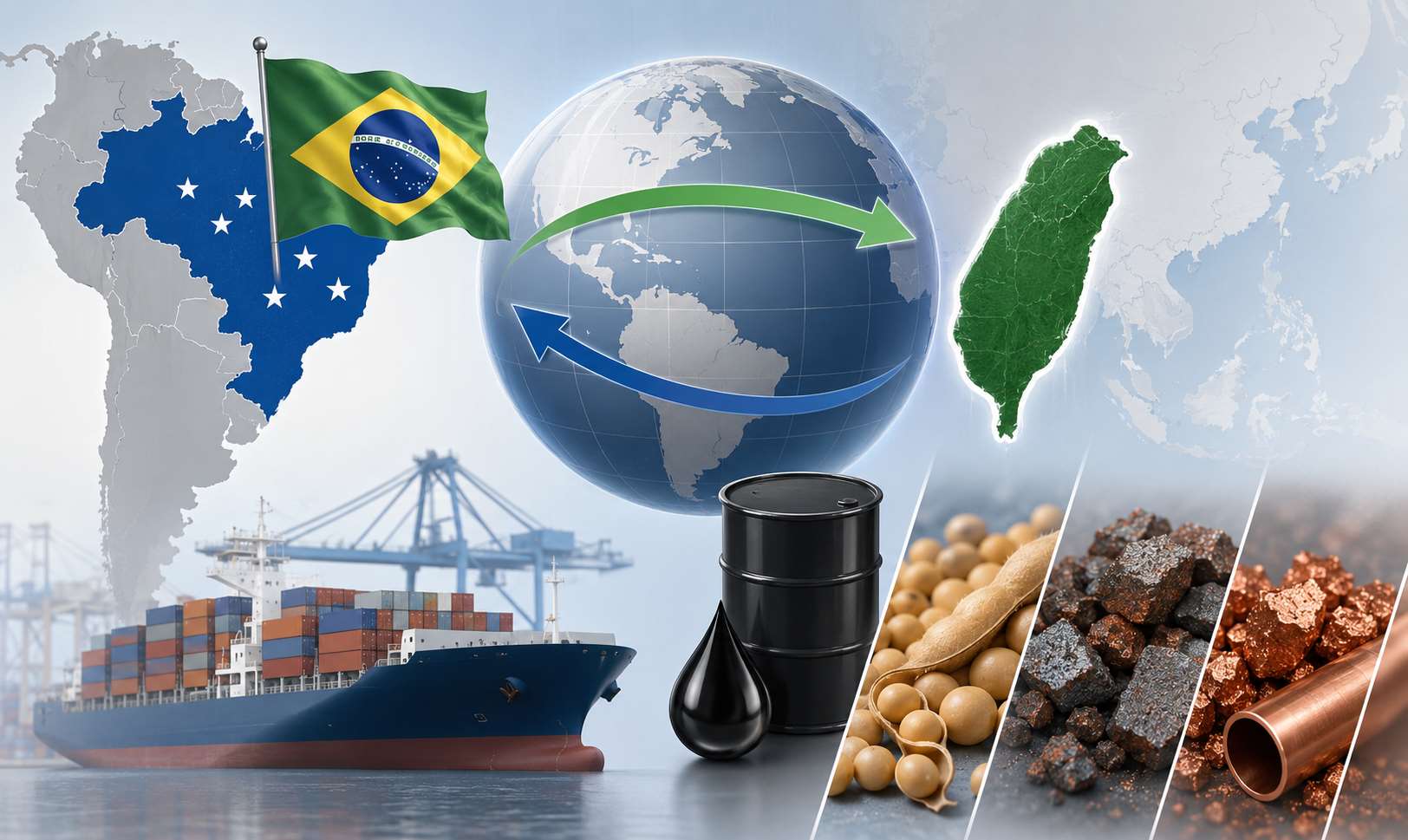 財政部統計顯示，今年上半年台灣與南方共同市場(Mercosur)雙邊貿易規模達24.7億美元，巴西穩坐第一大貿易夥伴，主要為自巴西進口原油、大豆、鐵礦石、銅礦石所帶動。(AI生成)