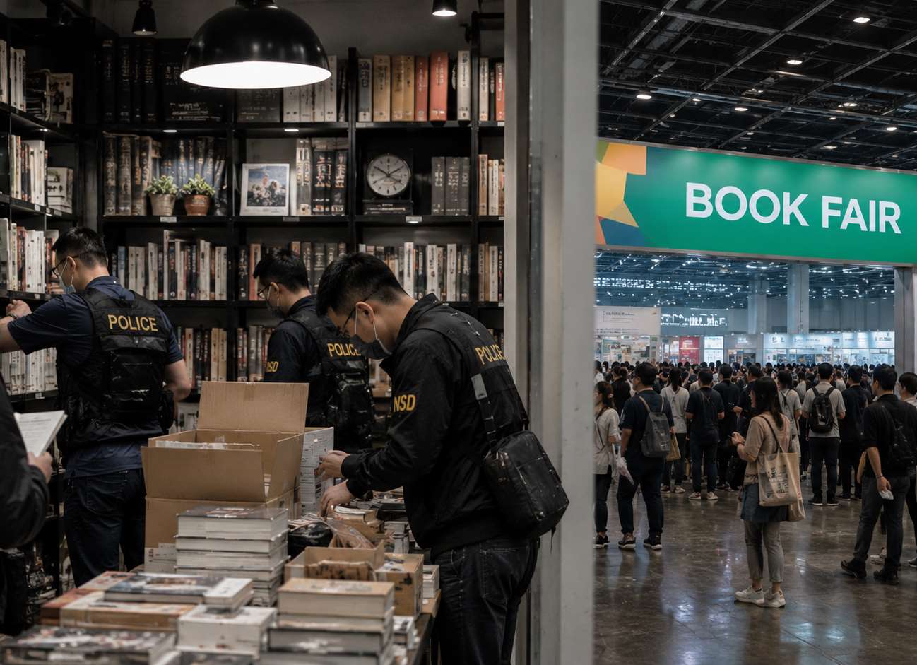 今年香港書展開幕的同一天，香港警方國安處再次突擊搜查兩間獨立書店，並以涉嫌販售「煽動刊物」為由拘捕五名相關人士。(示意圖/AI生成)