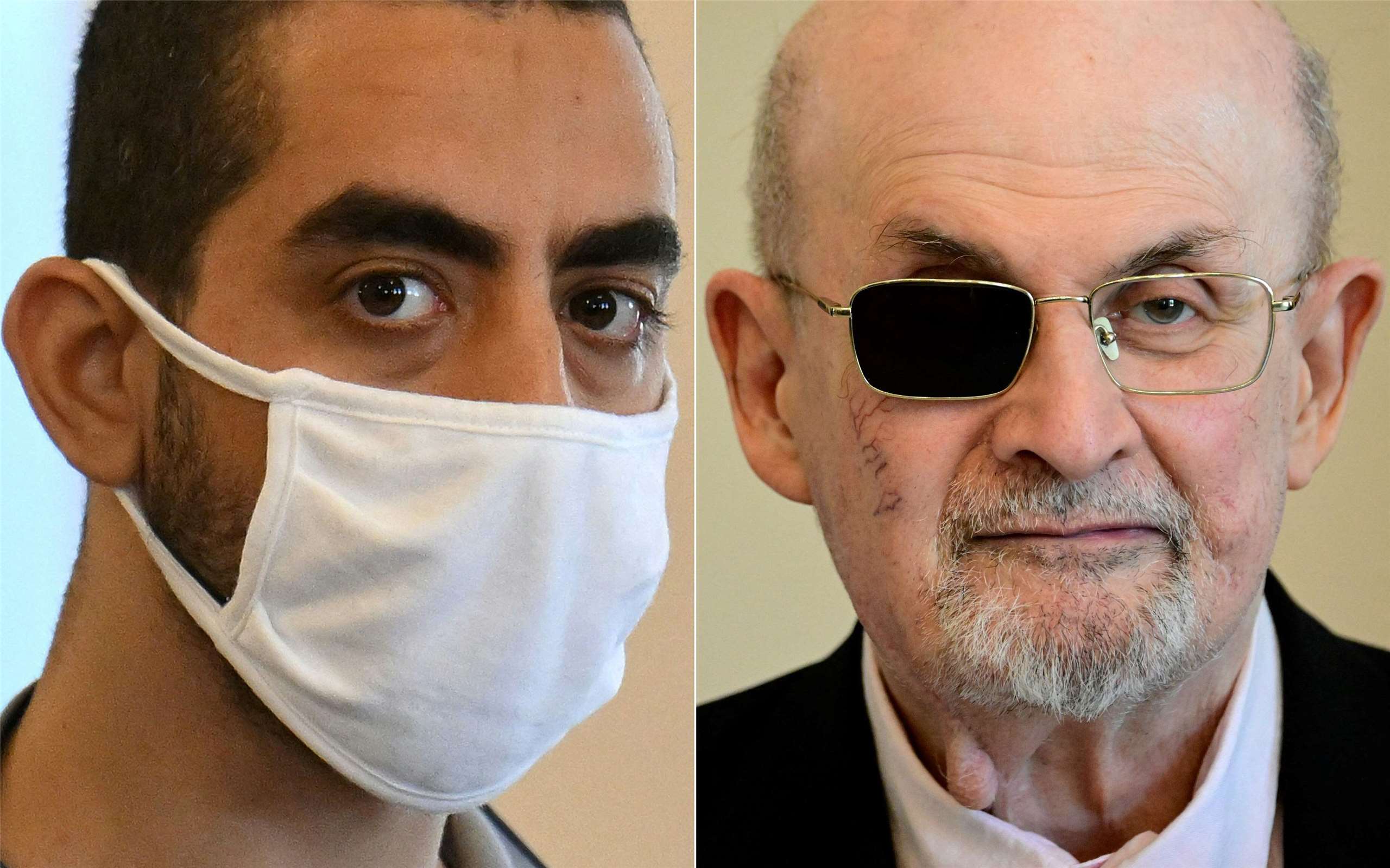 兇手馬塔（Hadi Matar，左圖）刺殺《魔鬼詩篇》作者魯西迪（Salman Rushdie，右圖），險些奪走這名英國作家的性命，並造成他單眼失明。資料照。
