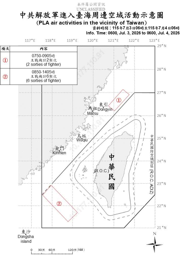 國防部公布自昨天(3日)上午6時起至今天(4日)上午6時止，中共在台海周邊活動情況。(國防部提供)