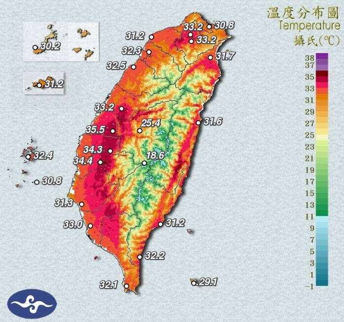氣象署7日下午更新高溫資訊，太平洋高壓影響，13縣市防高溫。(圖:交通部中央氣象署)