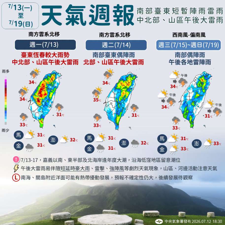 中央氣象署12日發布天氣週報。(圖 : 中央氣象署)