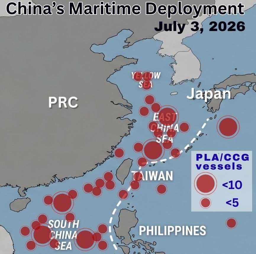 中國於3日正沿著第一島鏈展開大規模的海上動員，圖為中國船艦的分布示意圖。(X@josephwutw)