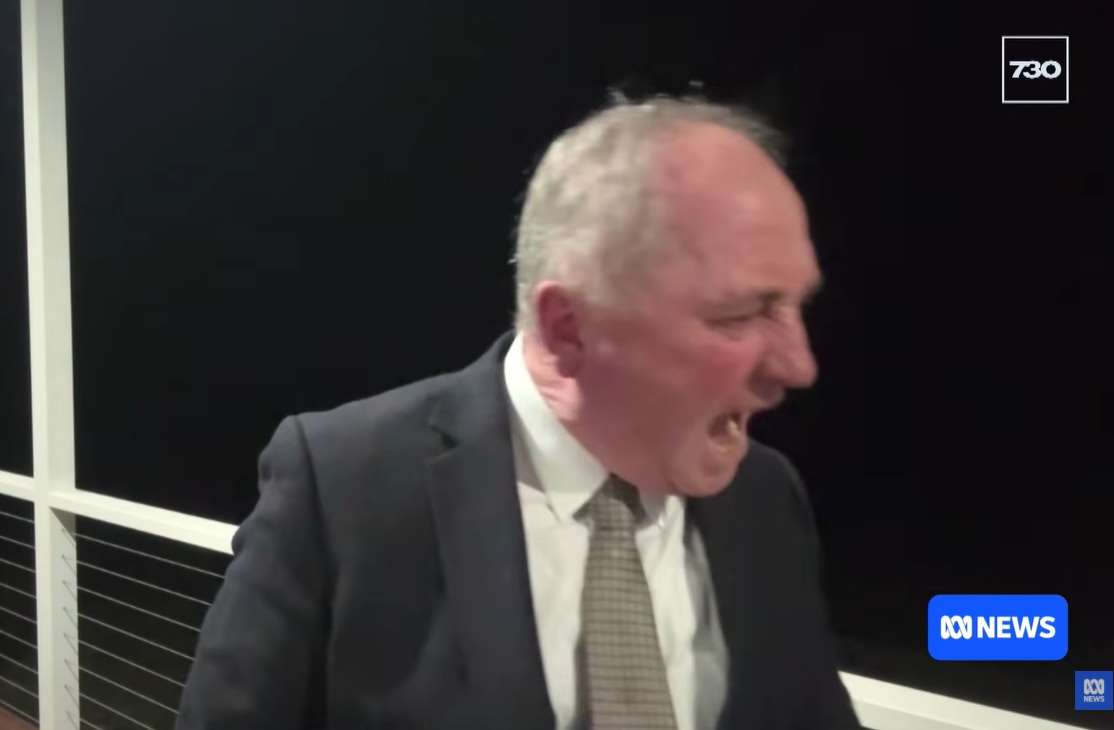 澳洲極右派「一族黨」(One Nation)國會議員喬伊斯(Barnaby Joyce)20日晚間在電視直播中，因為對著一隻不聽話的狗狗大發雷霆而登上媒體版面。翻攝YT@ABC News (Australia)