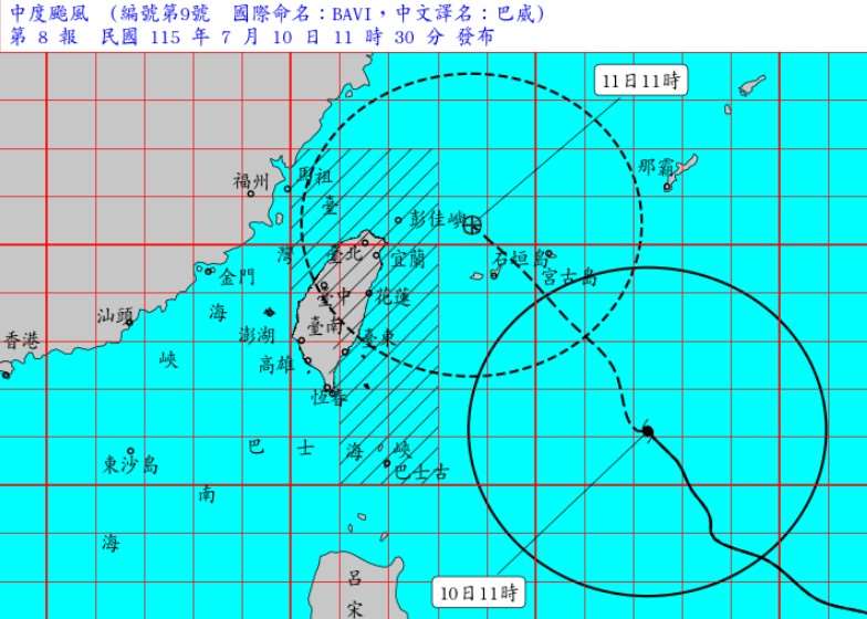 已減弱為中度颱風的「巴威」10日上午11時的中心位置已來到台灣東方670公里處，以時速26公里加快朝西北前行，近中心最大風速仍維持每秒45公尺，暴風半徑也未見縮小。(圖:交通部中央氣象署)