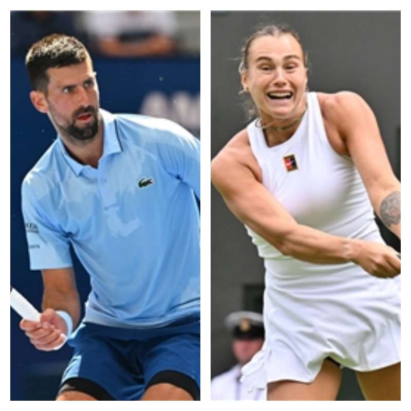網球巨星喬科維奇（Novak Djokovic）(左 )與球后莎芭蓮卡（Aryna Sabalenka）報名搭擋美網混雙賽事。(合成照∕ AFP)