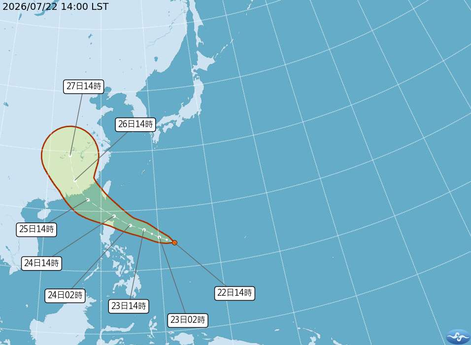 太平洋地區熱帶性低氣壓。圖為22日颱風路徑預測圖。（圖:氣象署官網)