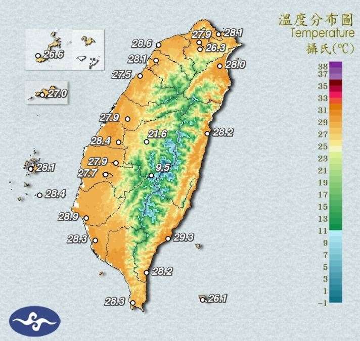 交通部中央氣象署指出，23日各地仍感受炎熱，白天高溫普遍來到攝氏32至35度，中午前後紫外線偏強，普遍可來到過量或危險等級。(圖:交通部中央氣象署)