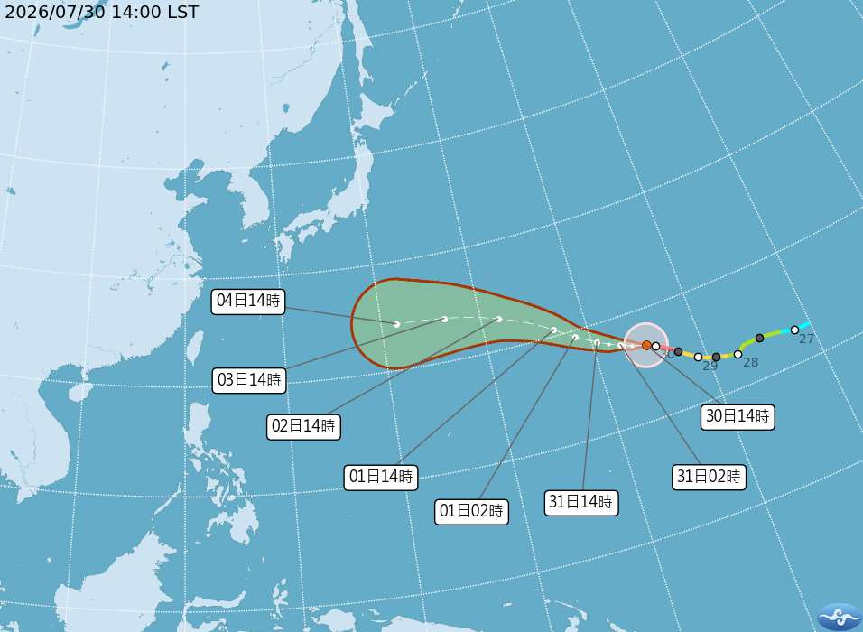 颱風白海豚30日下午2時的中心位置在北緯16.7度，東經164.9度，以每小時24公里速度向西北西進行。(圖：中央氣象署)