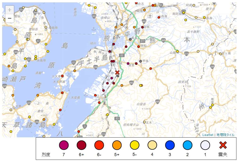日本熊本縣熊本地方28日下午4時27分（台北時間3時27分）發生規模7.1地震，最大震度7。(圖：日本氣象廳)