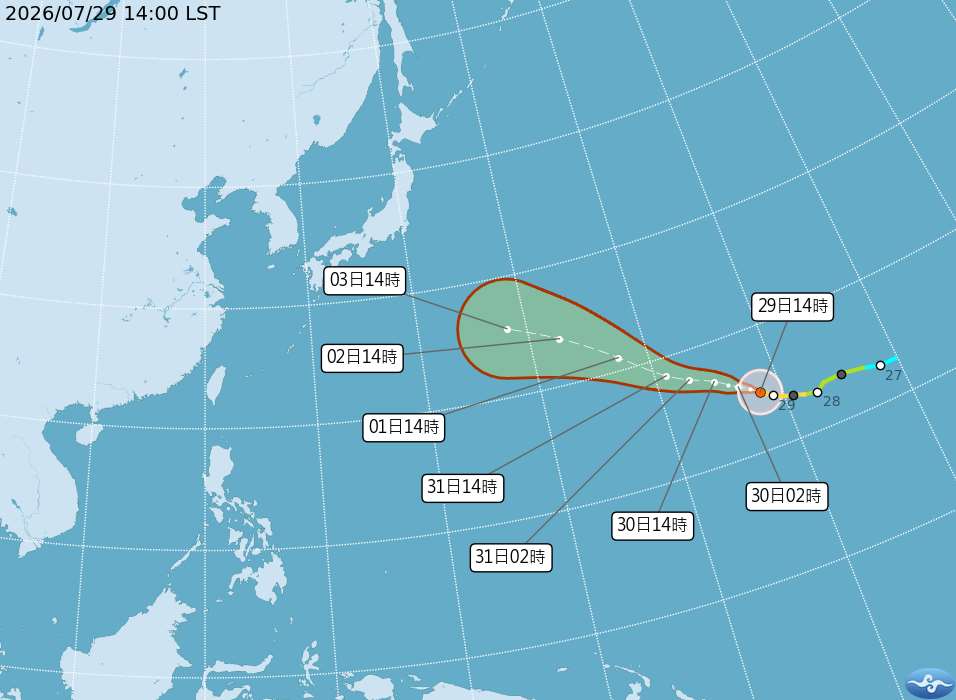 中央氣象署颱風消息，中度颱風白海豚今天下午2時中心位置約在鵝鑾鼻東方5040公里之海面上，持續向西北進行。(圖 : 中央氣象署)