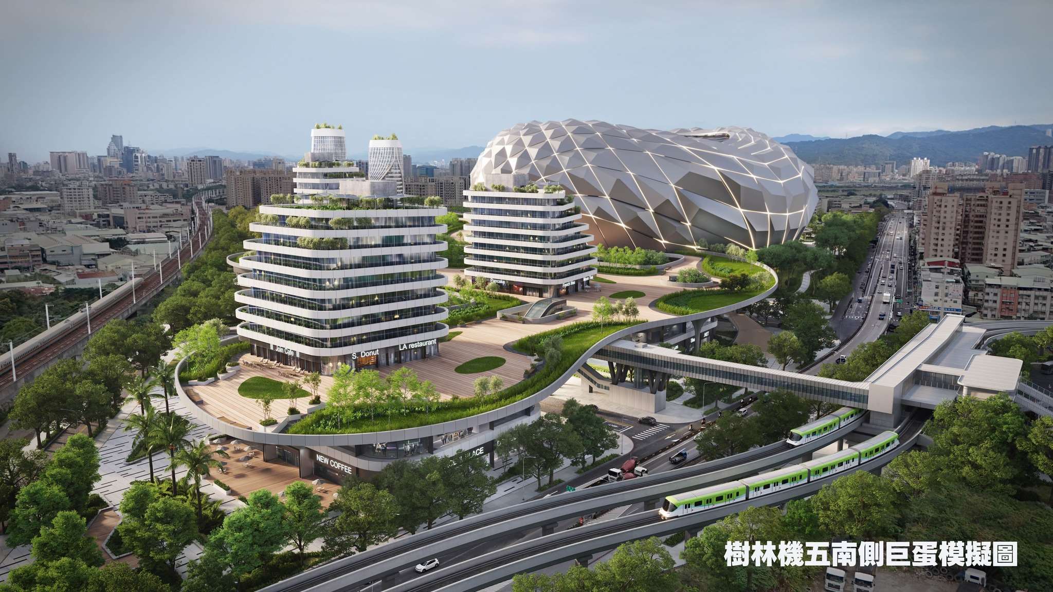 新北市拍板，新北大巨蛋將興建於樹林運動中心南側的「樹林機五」用地。圖為新北巨蛋樹林機五南側模擬圖。(新北市政府提供)