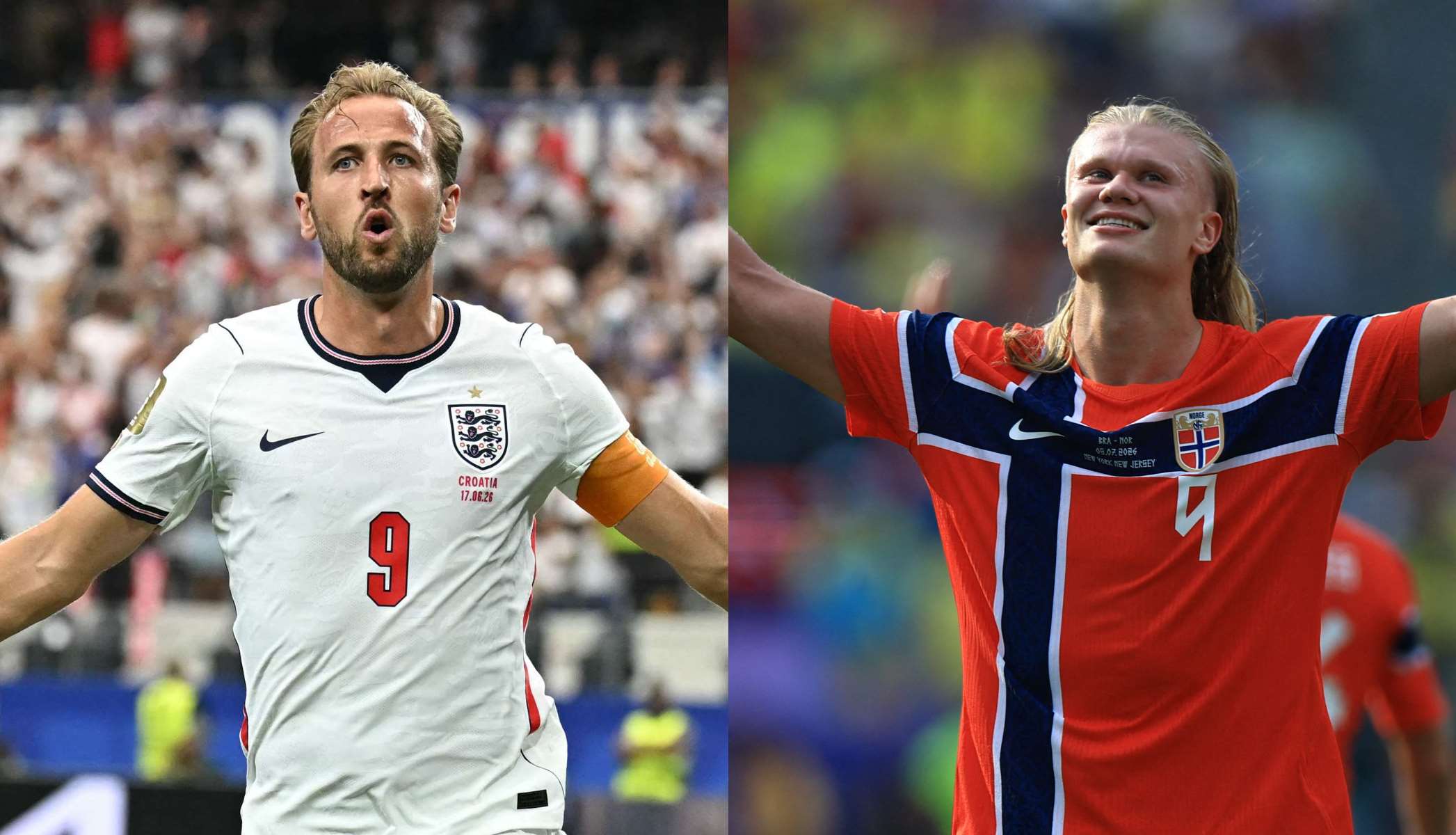 英格蘭在台北時間12日清晨5時迎戰挪威，兩隊球星，英格蘭隊長凱恩(Harry Kane)(左)與挪威神鋒哈蘭德(Erling Haaland)(右)將是場上焦點。(AFP/央廣合成)