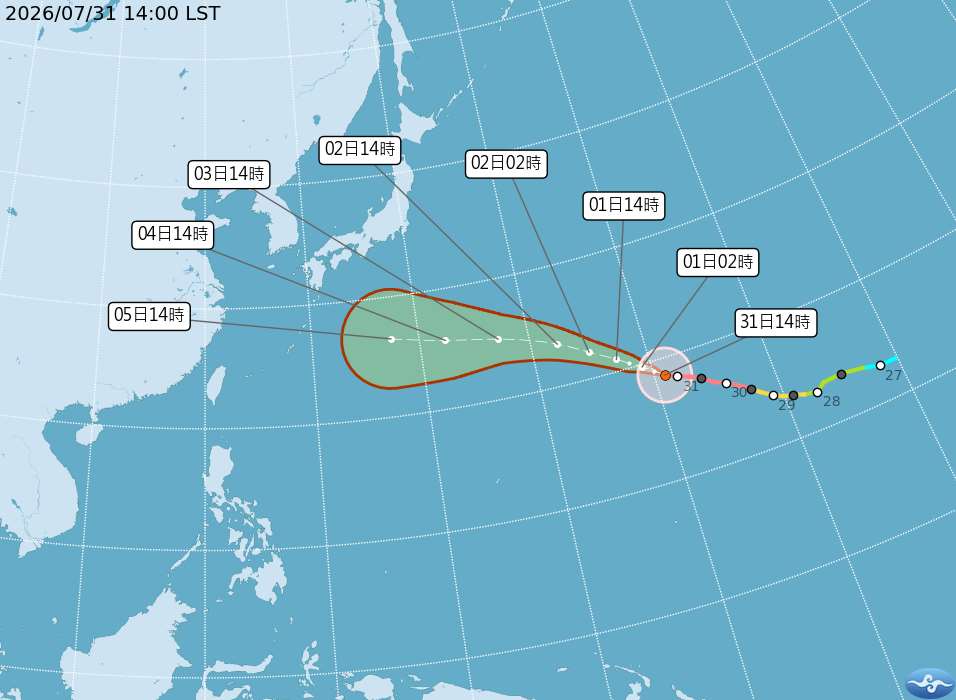 颱風白海豚今天下午2時的中心位置及路徑圖。(圖 : 中央氣象署)