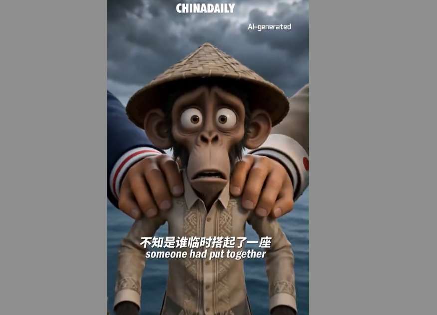 中國官媒「中國日報」近日發表一段嘲諷影片，將菲律賓描繪成在南海仲裁案中聽命於美國與日本的猴子，引發菲國當局強烈抗議。(圖截取自chinadaily)