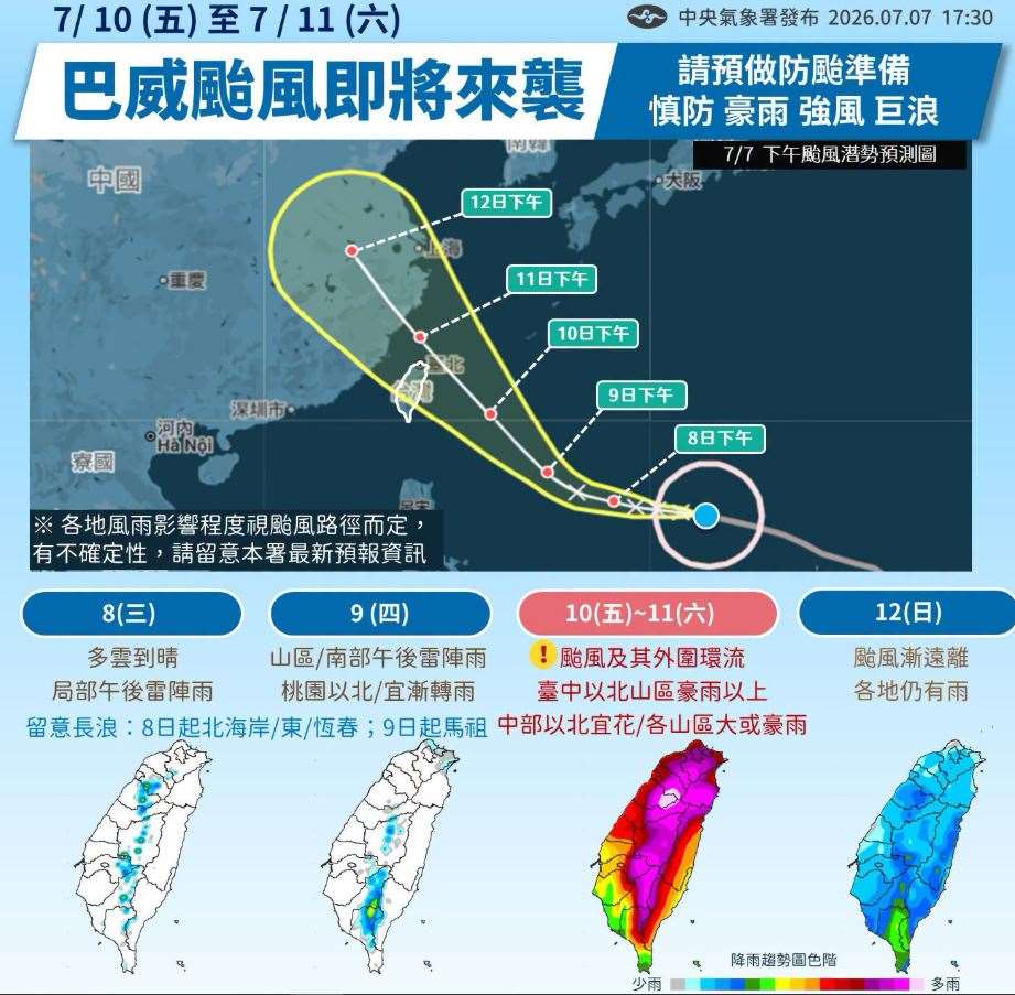 氣象署8日發布12縣市高溫資訊。強颱巴威將於10、11日影響台灣，10日各地風雨愈晚愈大、11日風狂雨驟，需嚴防致災性風雨。(圖:交通部中央氣象署臉書)
