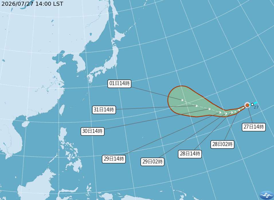 原位於關島東方遠海的熱帶性低氣壓，於下午2時發展為輕度颱風，編號第13號白海豚（國際命名：DOLPHIN），未來朝西轉西北方向前進，對台灣天氣無影響。(圖：中央氣象署)