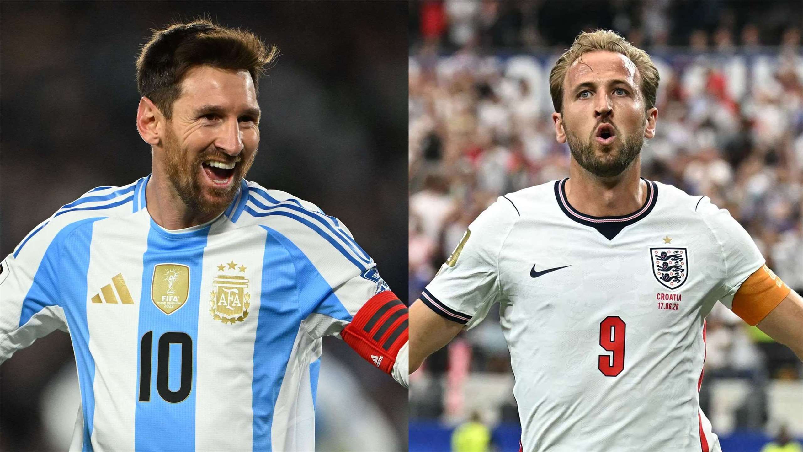 阿根廷與英格蘭均順利闖進4強。圖為阿根廷球星梅西(Lionel Messi)(左)、英格蘭前鋒凱恩(Harry Kane)(右)。合成圖。