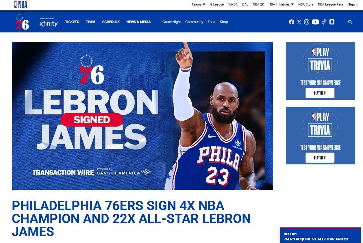 美國職籃NBA費城76人27日正式宣布，簽下聯盟歷史得分王詹姆斯(LeBron James)。 (圖:翻拍自官網)