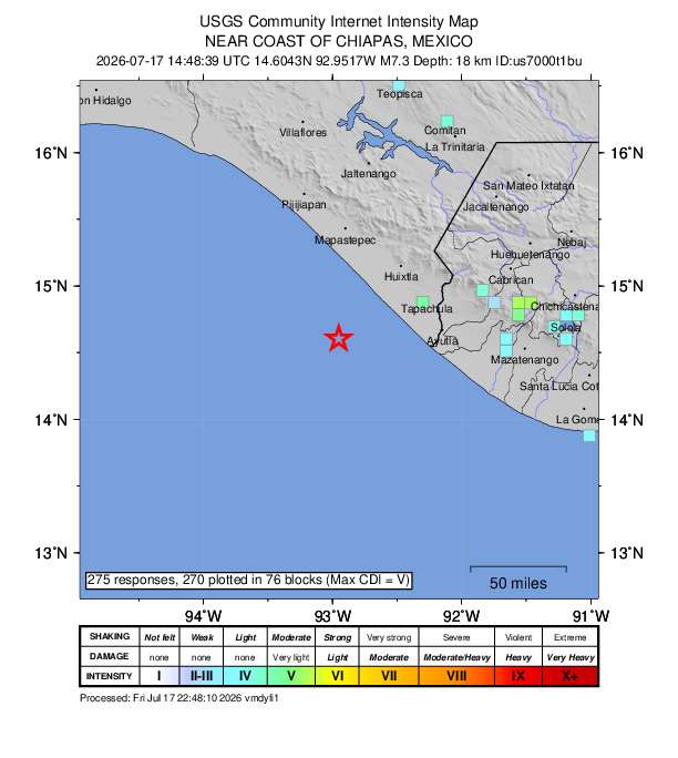 墨西哥南部及中美洲部分地區17日發生規模7.3強震。 (圖:USGS)