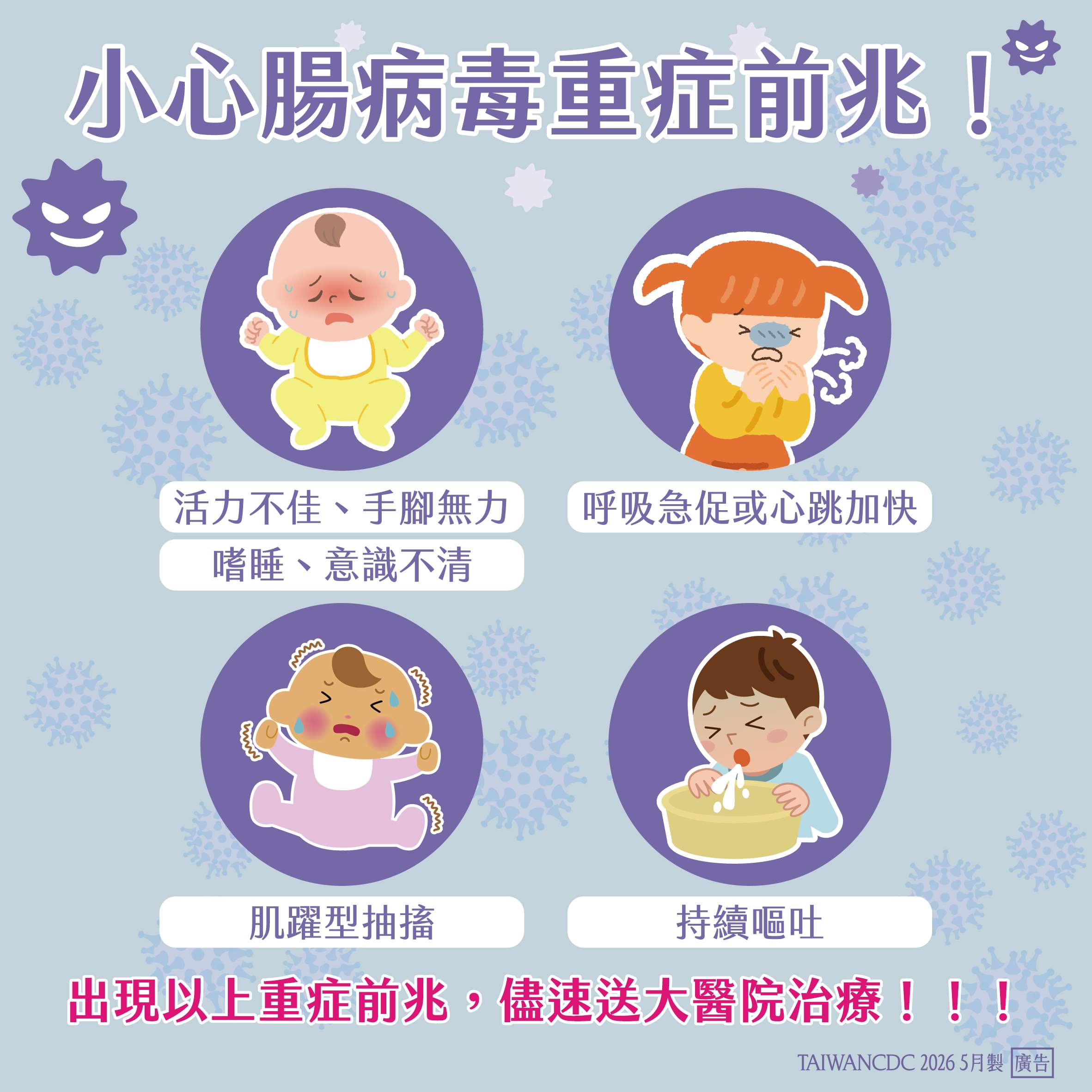 疾管署提醒，5歲以下嬰幼兒是腸病毒重症高危險群，家長除落實勤洗手及環境清潔外，也要提高警覺，一旦出現重症前兆應立即送醫。(疾管署提供)