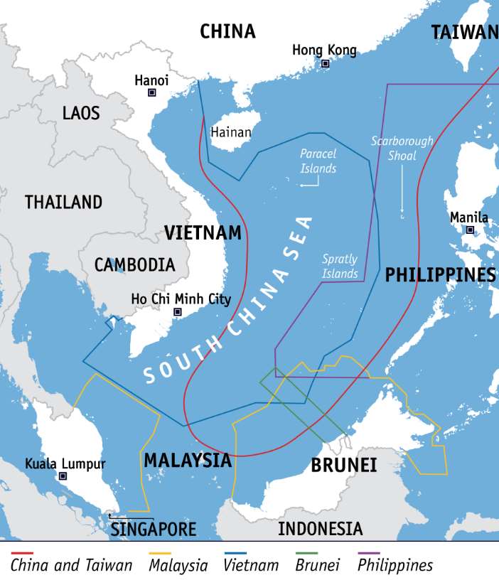 南海海域的各種主權主張。(維基百科)