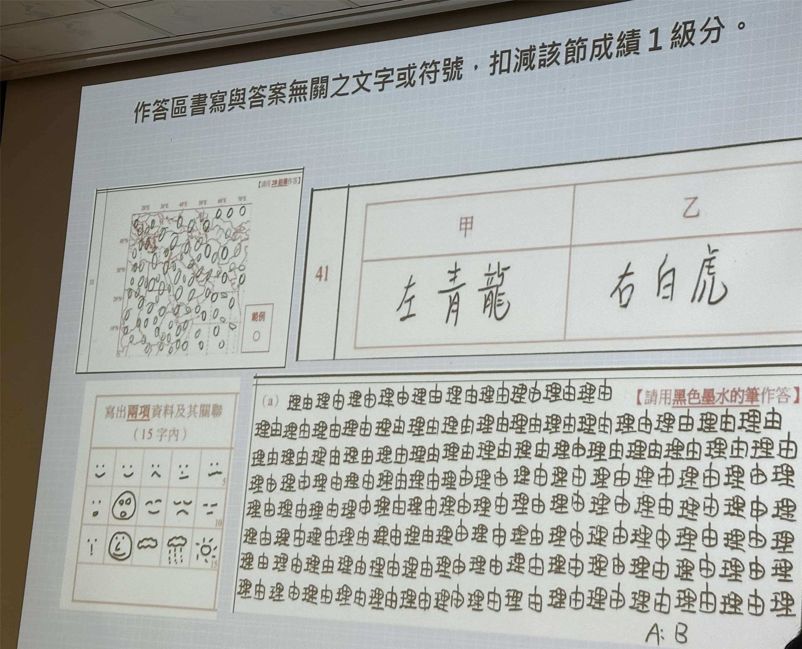 大考中心出示今年分科測驗中，有學生於作答區書寫與答案無關的文字或符號情況。(楊雨青攝)