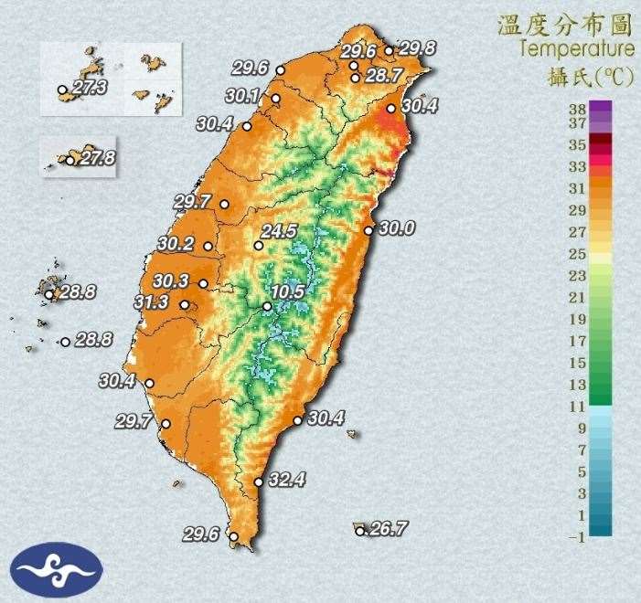 交通部中央氣象署發布高溫資訊，西南風沉降影響，各地天氣高溫炎熱，台東縣有焚風發生的機率。(圖:交通部中央氣象署)