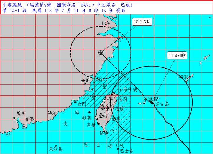 颱風巴威11日6時的中心位置在北緯 24.4 度，東經 124.8 度，即在臺北的東方約 340 公里之處，以每小時27公里速度，向西北進行。(圖：氣象署)