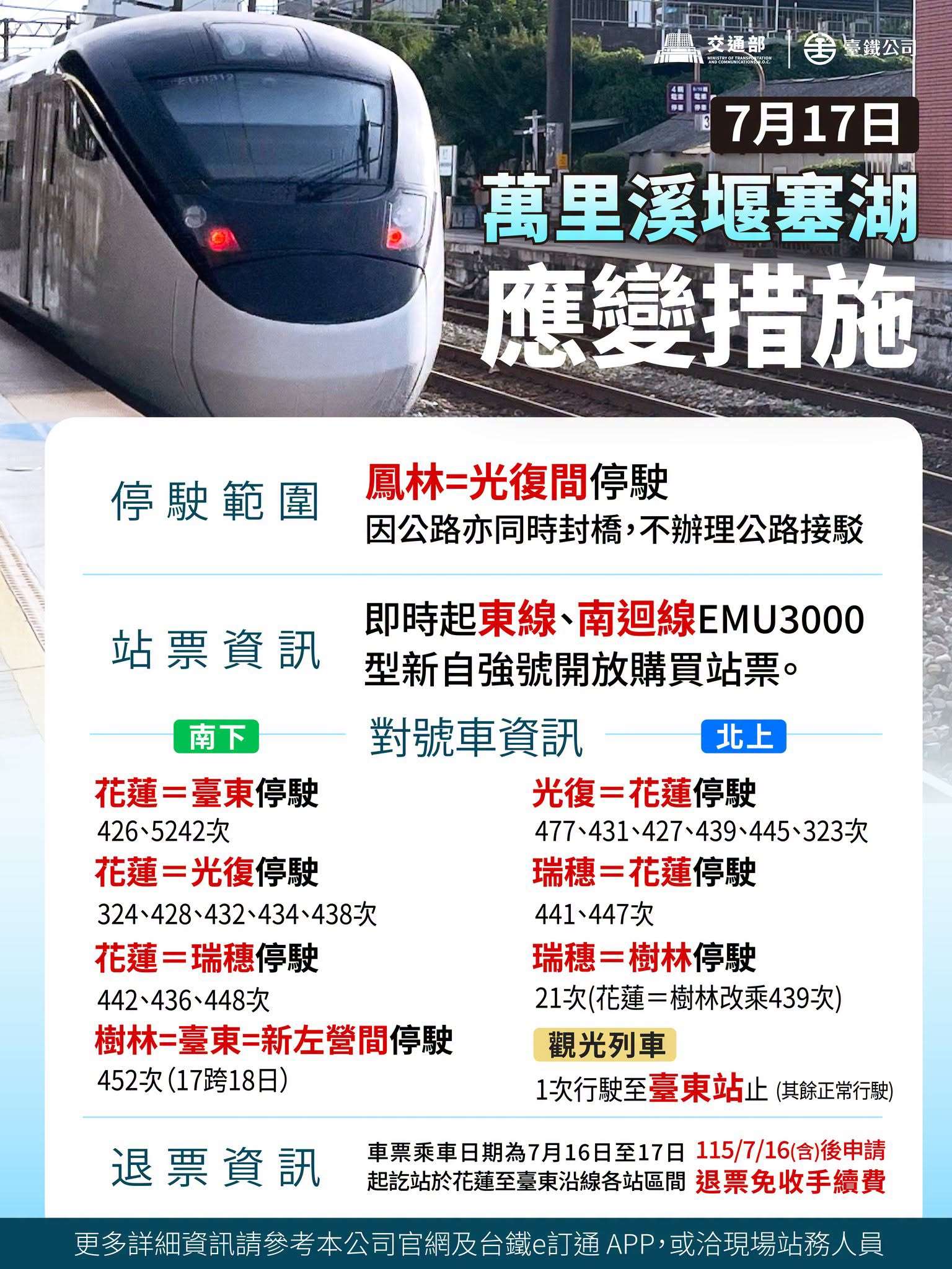 臺鐵公司因應萬里溪堰塞湖列車行駛資訊，17日15時前全線各級列車正常行駛，15時後視萬里溪堰塞湖水位溢流變化預防性停駛(圖:台鐵臉書)