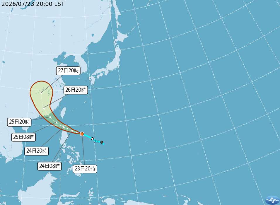 颱風紅霞今天晚間8時路徑圖。(圖 : 中央氣象署)