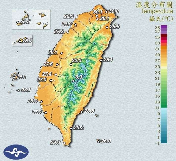 中央氣象署指出，24日受颱風外圍環流影響，迎風面花東地區及恆春半島有局部短暫陣雨或雷雨，白天高溫普遍來到攝氏32至36度，受颱風外圍的東南風沉降影響，北部地區有焚風發生的機會。(圖:交通部中央氣象署)